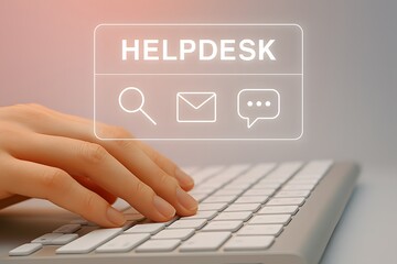 Poster - Fingers type on keyboard for digital helpdesk service in blurred view of keyboard with fingers, conveying efficiency and assistance.