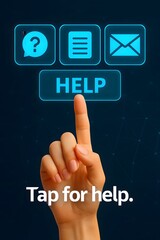Poster - A person's hand interacts with digital help icons, representing the concepts of assistance, support, and information, all presented within a futuristic, user-friendly design.