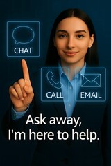 Poster - An inviting customer service representative uses digital tools, conveying an invitation to seek assistance and offer the promise of guidance. 