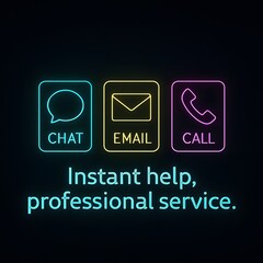 Poster - An illuminated icon set promising instant customer service support, communication through call, email and chat on a dark background.