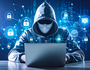 man with hoodie, mask, in front of laptop. hacker concept, internet hacking