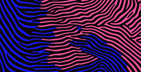 Poster - Vector illustration in Op Art style with wavy black lines on a vivid blue and pink background, creating an abstract visual illusion. 