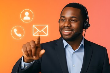 Poster - A friendly customer service representative, wearing a headset, is assisting customers using technology. Digital contact options are easily accessible. orange wallpaper backdrop.