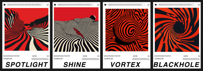 Poster - Set of modern vector posters in Op Art style, featuring swirling lines and bold abstract shapes. The compositions have strong movement and depth with stripes forming waves, spirals, and vortexes.