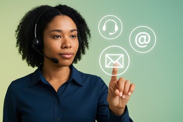 Poster - Dedicated female customer support representative, wearing headset, elegantly interacts with digital contact icons floating mid-air, indicating service options.
