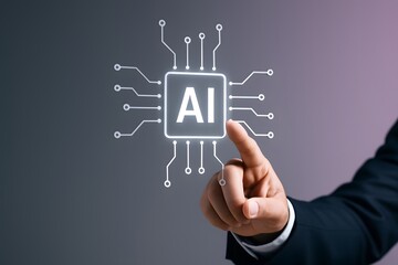 Poster - A man's hand reaches toward a glowing AI interface, representing the advancement of technology. The future of artificial intelligence.