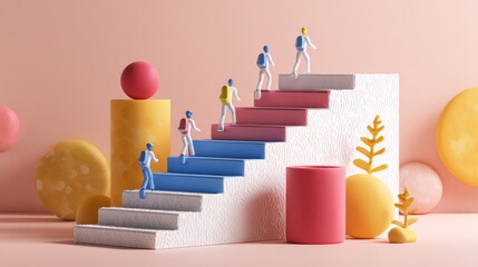 Poster - Career Growth Steps Infographic Illustrates a Staircase Concept With Clay Figures Advancing Upward Towards Success