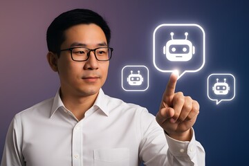 Poster - A young man interacts with a virtual assistant through a futuristic interface, represented by glowing robot icons.