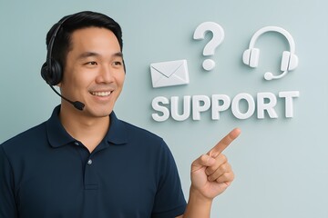Poster - Friendly customer support agent wearing headset and pointing at 