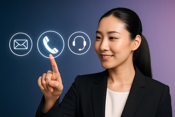 Poster - A customer service representative offers friendly, modern technology-driven communication options through a digital interface, symbolizing effortless accessibility and digital engagement.