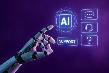 Poster - A robotic hand interacts with a futuristic AI support interface, highlighting technological advancements in customer service and automation.