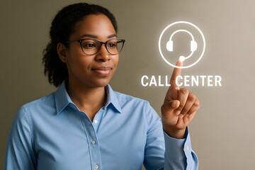 Poster - A skilled customer service agent points to a digital call center icon, showcasing dedication and expertise.