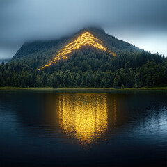 Poster - Misty mountain glowing light forest lake reflection serene natural landscape peaceful