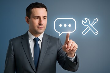 Poster - An image captures a sharply dressed businessperson interacting with a digital interface, with icons representing communication and settings.