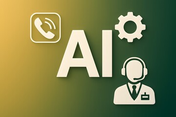 Poster - Depicting AI-driven communication and support services. The image showcases the core elements: a phone icon, a gear icon, a headset operator, and bold 