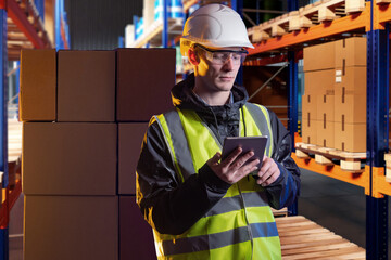 Poster - Man in warehouse. Manager of storage company. Storekeeper with tablet among warehouse shelves. Man standing in warehouse with boxes. Fulfillment specialist in service uniform. Storekeeper career