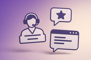 Poster - An illustrated customer support agent with headset, floating speech bubbles with star and text, embodying customer service and interaction.