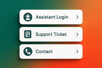 Poster - Clean and simple UI design with three buttons: Assistant Login, Support Ticket, and Contact.  The buttons are rectangular, white, and feature relevant icons.