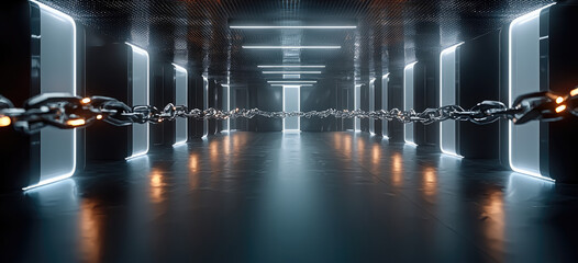 Poster - Futuristic chain glowing corridor metallic floor neon light modern technology dark mysterious