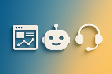 Poster - Illustration featuring a chatbot, analytics interface, and headphones, symbolizing technological advancement and communication.