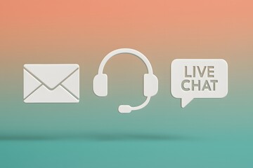 Poster - Modern communication icons, a minimalist approach to customer service tools. Depicting email, a headset, and live chat in a streamlined design. Ideal for illustrating digital support.