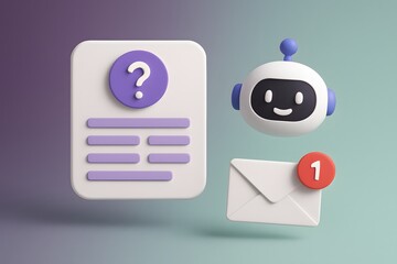 Poster - Digital bot, Question Mark, Notification, Illustration: A futuristic design features a smiling digital bot, along with a question mark, and notification elements.