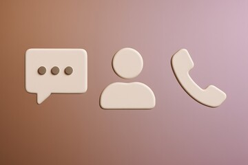 Poster - Set of three minimalistic icons, a speech bubble with dots, user profile symbol, and telephone receiver, rendered in a modern 3D style on a gradient background. Symbolizing communication, connection.
