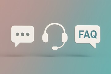 Poster - A symbolic representation of customer service and informational support with the headphones, question marks and FAQ.