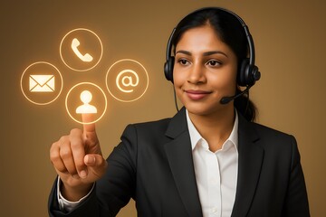 Poster - A dedicated customer service representative. A digital world, with her finger, interacting with several glowing icons.