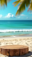 Poster - Summer Product Display on Empty Wooden Podium with Clean Beach Backdrop