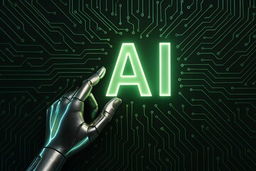 Poster - A futuristic robotic hand interacts with a glowing 