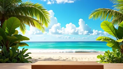 Poster - Summer Product Display on Empty Wooden Podium with Clean Beach Backdrop