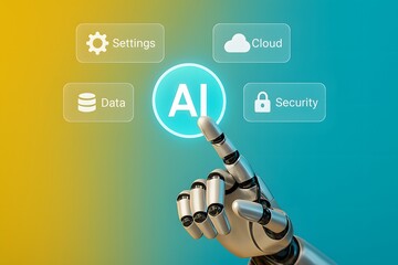 Poster - A metallic hand interacts with an AI interface, showcasing cutting-edge technology, a futuristic digital landscape, where data security meets seamless connectivity.