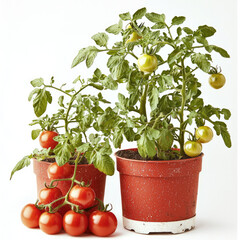 Poster - Tomato plant pot ripe unripe green red leaf fresh isolated white background