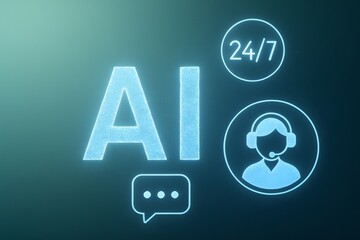 Poster - Illustration showing a futuristic AI support system offering 24/7 assistance. The illustration features a glowing AI symbol, along with icons representing customer service and continuous availability.
