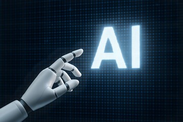 Poster - Artificial intelligence illustrated by a robotic hand reaching out towards the glowing acronym 
