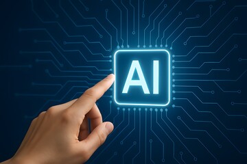 Poster - A hand points to an AI symbol on a circuit board, representing artificial intelligence and technological advancement.