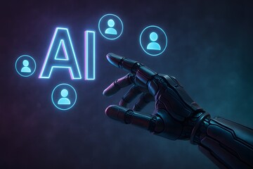 Poster - in a sleek, futuristic scene, a robotic hand interacts with a glowing 