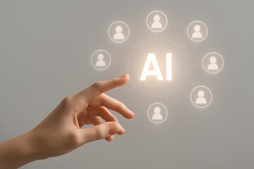 Poster - a symbolic scene of artificial intelligence linking to people, highlighting technology and human con
