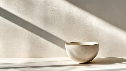 Poster - Minimalist ceramic bowl sitting on wooden surface, sunlight across geometric shadows casting textured wall, highlighting clean lines and natural light interplay