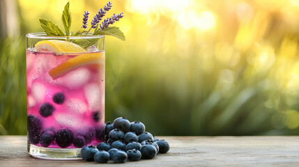 Poster - Blueberry, lavender, lemon, and mint infused iced drink in glass with ice cubes, refreshing summer beverage