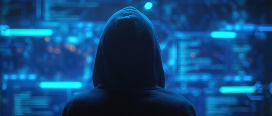 Poster - Person in a hoodie focused on code at night