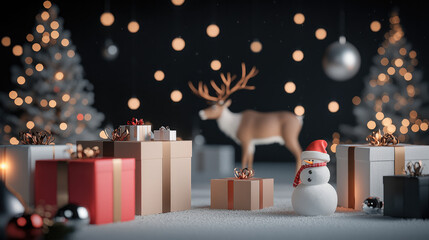 Poster - Christmas gift boxes, snowman, reindeer, decorated tree, festive lights, winter, holiday