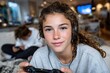 © Milos - A young girl enjoying herself while playing video games, wearing headphones and holding a game controller, capturing a moment of joy and engagement.