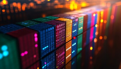 Poster - Colorful illuminated blocks create a vibrant, abstract pattern, reflecting light in a visually striking arrangement.
