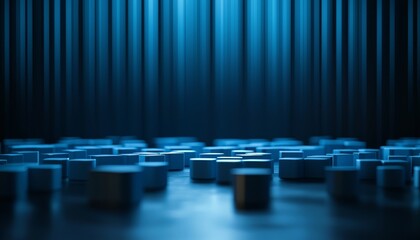 Fototapete - A tranquil scene of blue-toned cylindrical shapes scattered on a dark surface, enhanced by vertical light beams in the background.