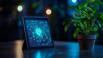 Poster - A tablet displays a glowing map interface with a location pin, surrounded by a plant, creating a serene tech-inspired ambiance at night.