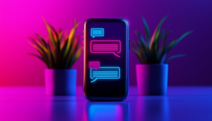 Poster - A smartphone displays colorful chat bubbles against a vibrant background with plants, symbolizing modern communication.