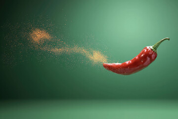 Poster - Red chili pepper with spicy powder splash on green background, symbolizing heat and flavor in cooking