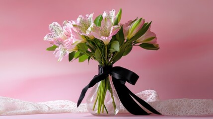 Poster - A tender bouquet of alstroemeria in lace wrapping with a bold black ribbon, shot on a pastel backdrop